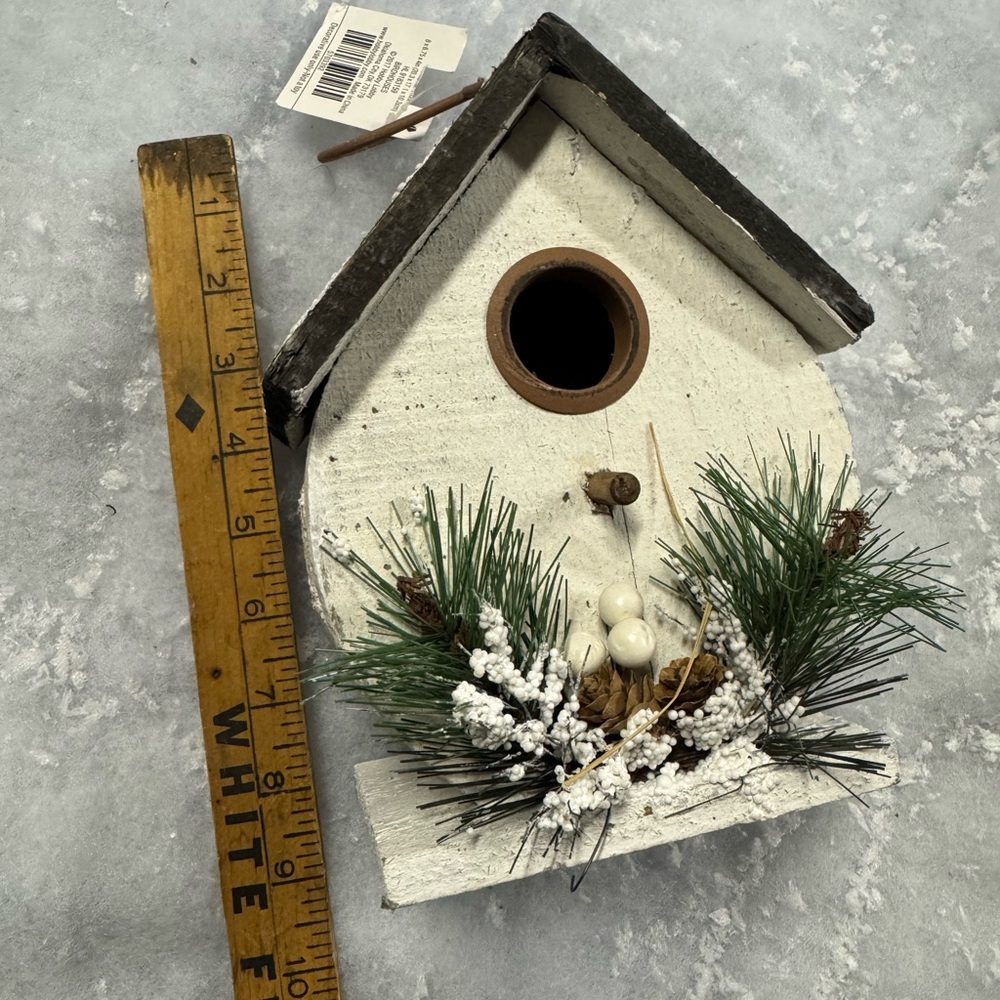 Rustic White Birdhouse with Pine Accents